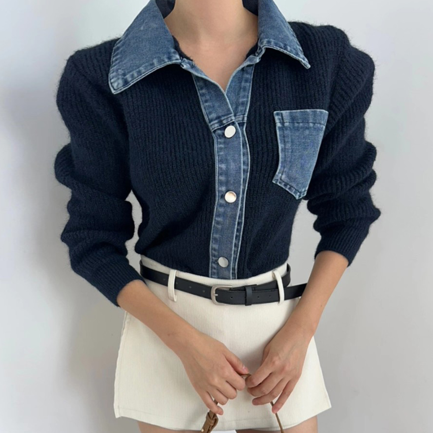 拼接牛仔翻领百搭针织开衫外套