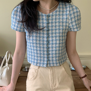 韩国chic夏季洋气减龄格纹小香风别致上衣气质粗花呢短款外套女