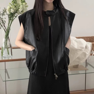 韩国chic秋季复古帅气立领拉链宽松百搭口袋无袖PU皮衣马甲外套女
