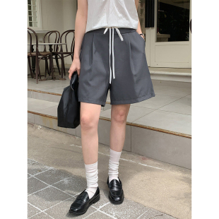 韩国chic夏季新款小众复古拼接撞色腰头宽松直筒五分西装短裤女