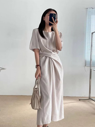 韩国chic夏季小众设计感圆领交叉绑带收腰显瘦中长款短袖连衣裙女