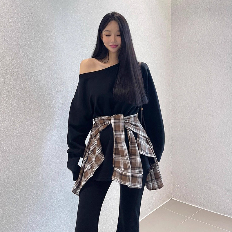 韩国chic秋季新款小众百搭斜肩卫衣女+喇叭裤长裤+格子屁帘三件套,女装/女士精品,时尚套装,淘宝优惠券,粉丝福利购,淘宝优惠卷