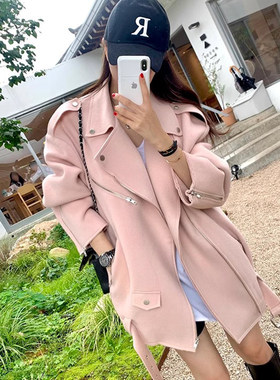 百搭纯色长袖机车服毛呢外套