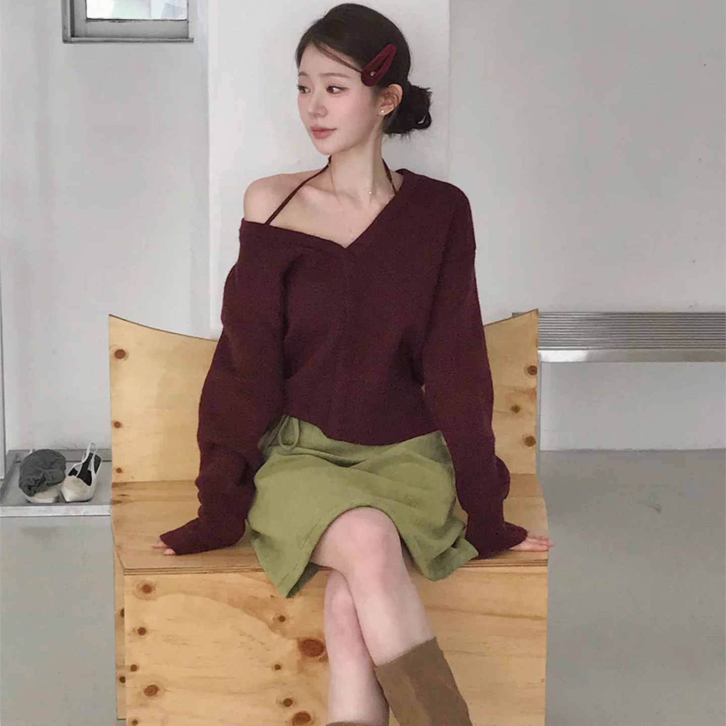 设计感V领挂脖两穿一字肩长袖针织衫女早春新款宽松百搭毛衣上衣,女装/女士精品,毛针织衫,淘宝优惠券,粉丝福利购,淘宝优惠卷