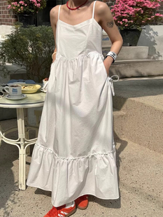 韩国chic夏季 小众气质V领大口袋设计拼接荷叶边吊带连衣裙长裙女