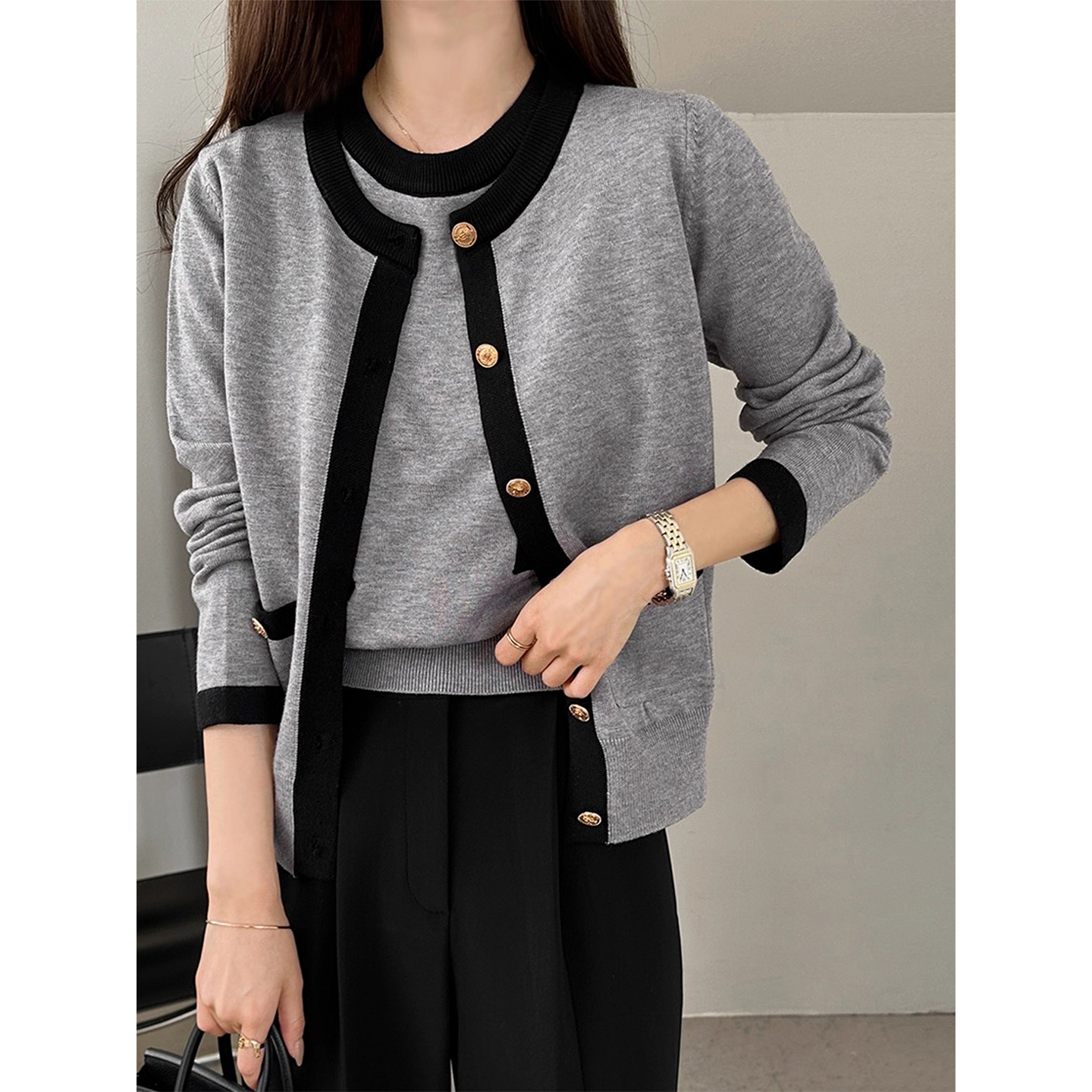 撞色短袖打底毛衣+针织开衫外套