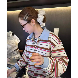 学院风撞色polo领宽松休闲长袖 法式 条纹T恤上衣 新款 韩国chic秋季