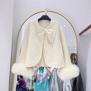 斯卡露2025秋冬新款高级感狐狸毛双面羊绒大衣女小个子短款外套