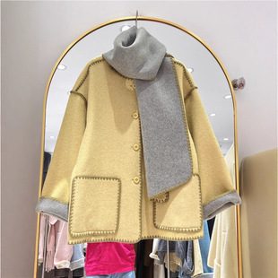 斯卡露双色两面穿围巾领手工双面呢羊绒大衣中长款宽松羊毛呢外套