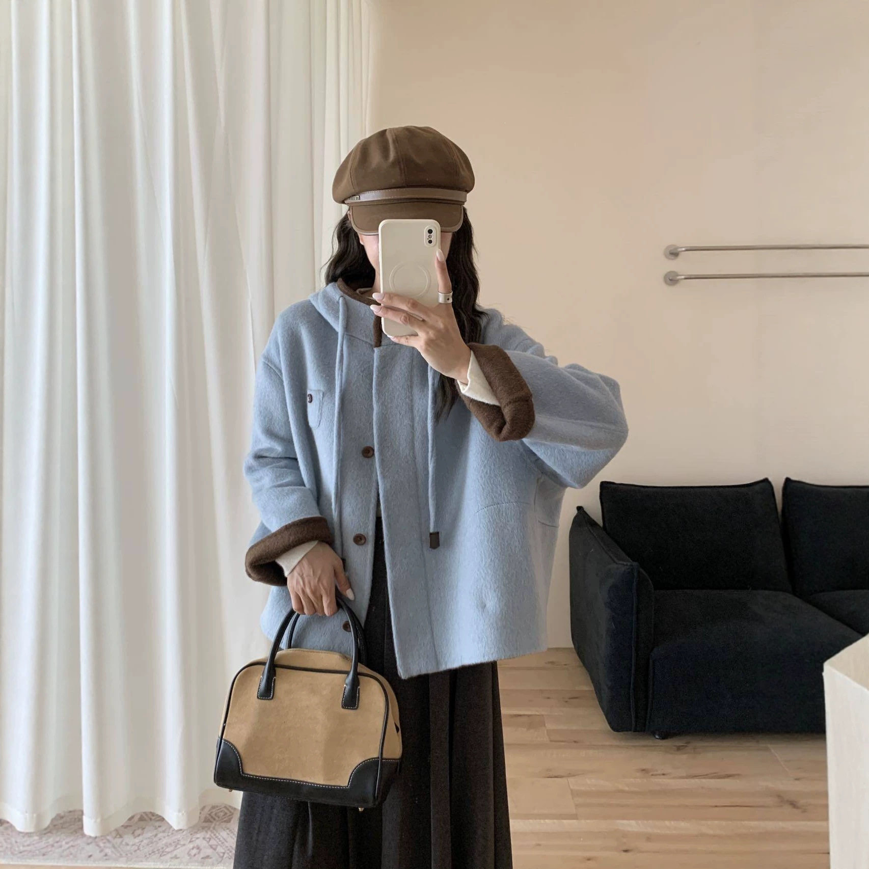 斯卡露2026秋冬新款连帽双面羊毛大衣女短款小个子韩版宽松外套