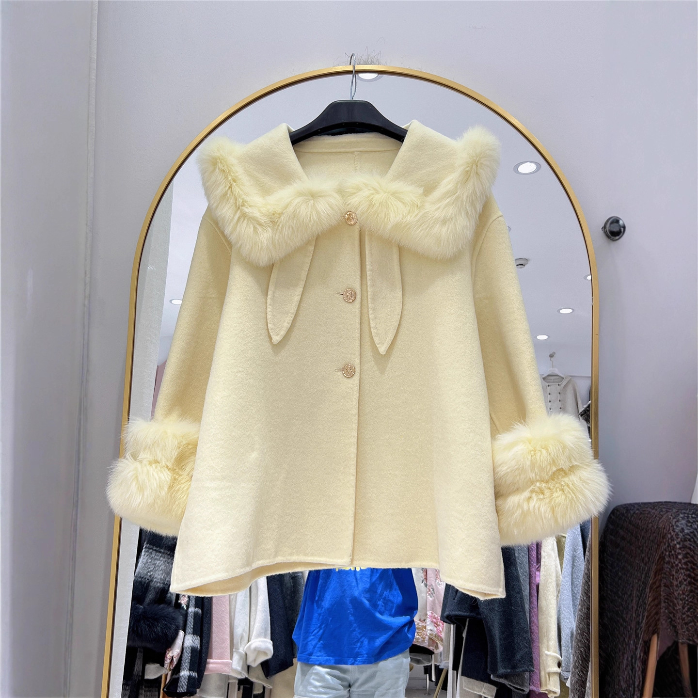 2025新款韩版狐狸毛领双面羊绒大衣女小个子宽松兔耳羊毛呢外套