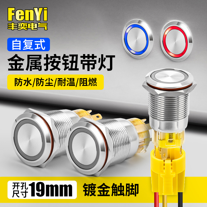FY19B-F11F/E金属按钮开关自复位环形灯防水按键汽车改装电脑19mm