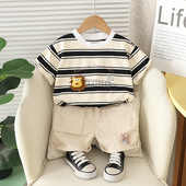短袖 男童儿童夏装 帅气宝宝夏季 2026新款 条纹衣服洋气两件套 套装