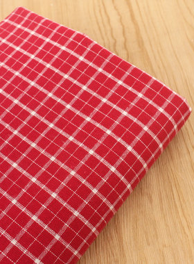 复古文艺红色仿麻色织格子纯棉 上衣衬衫连衣裙短裤桌布窗帘面料
