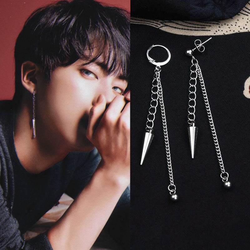 bts防弹少年团金硕珍同款耳环耳钉 韩国个性尖锥链条长耳坠耳夹女
