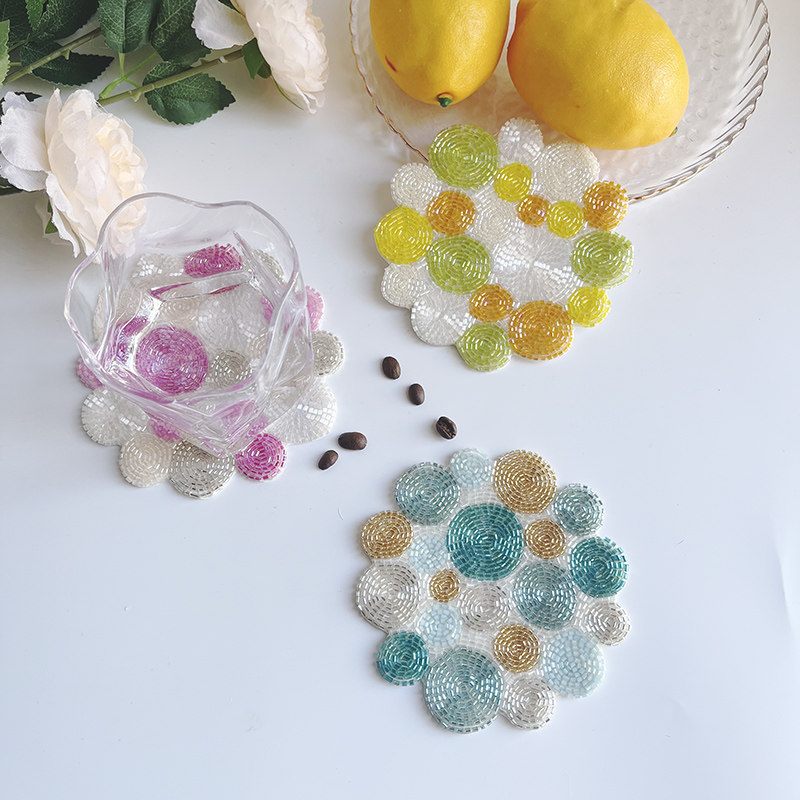 非遗文化创意串珠茶杯垫手工桌面防烫隔热装饰垫高端婚庆伴手礼