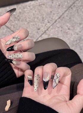 ANNI NAIL黑金香奶奶手工美甲穿戴甲法式富贵闪钻轻奢水滴美甲片