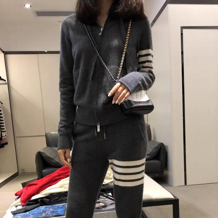 羊毛针织套装女情侣宽松连帽拉链休闲运动裤针织卫衣开衫两件套潮