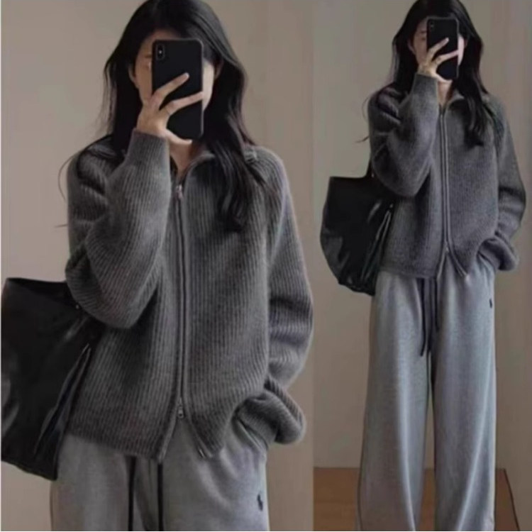 翻领双拉链羊绒针织开衫女毛衣