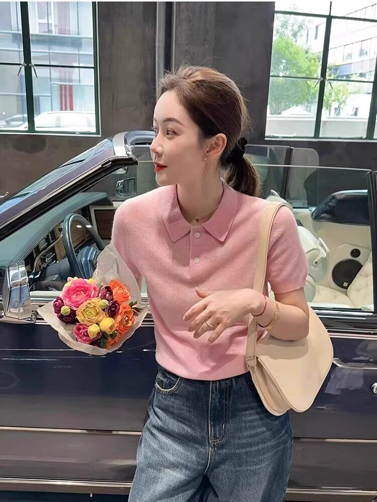 翻领羊绒针织短袖女薄款