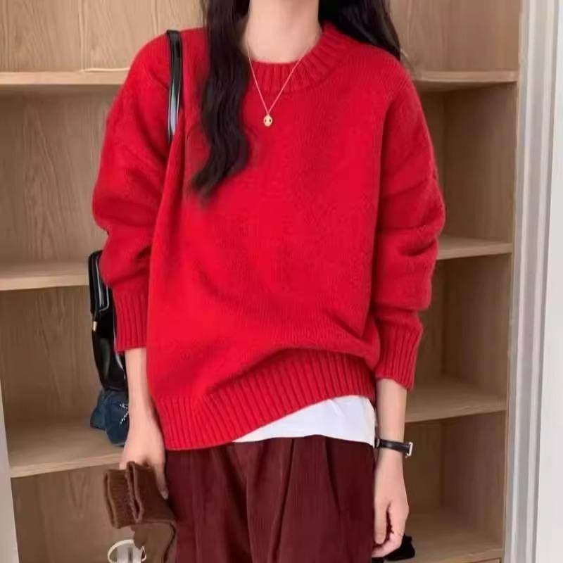 重磅加厚100%纯羊毛针织衫女圆领打底套头上衣纯色宽松慵懒风韩版