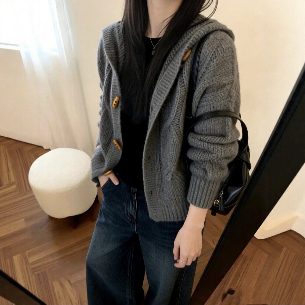 秋冬纯羊毛连帽麻花加厚女开衫