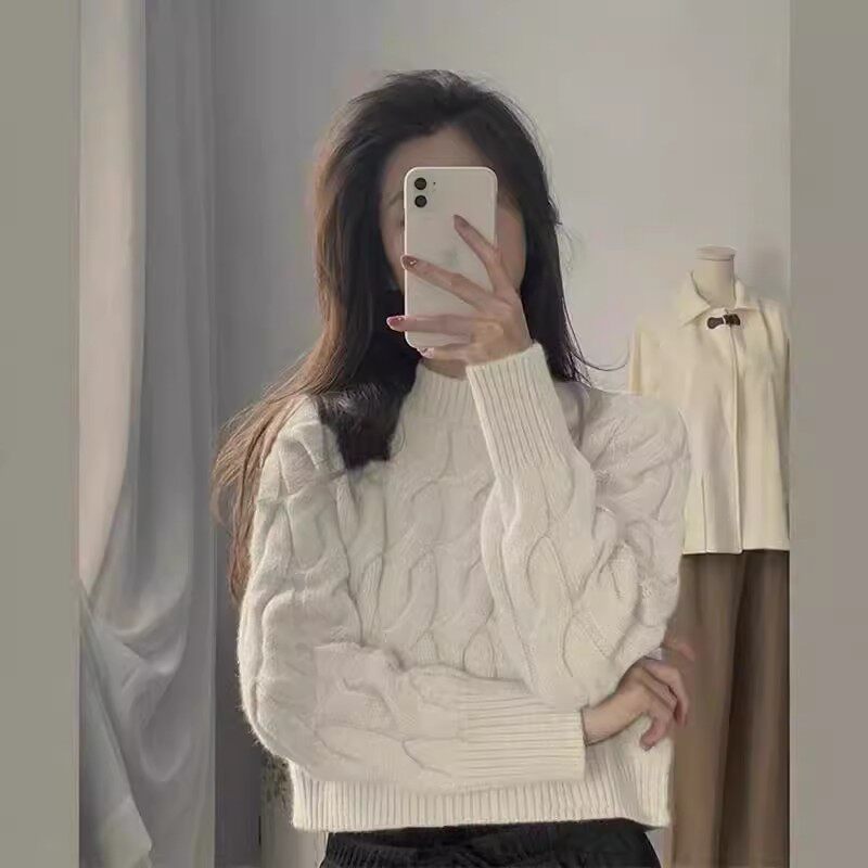 半高领麻花羊毛女衫高级感短款宽松百搭纯色气质针织打底衫内搭潮