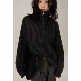 欧货宽松加厚双拉链黑色长袖重磅设计女秋冬慵懒风高领羊毛衫外套