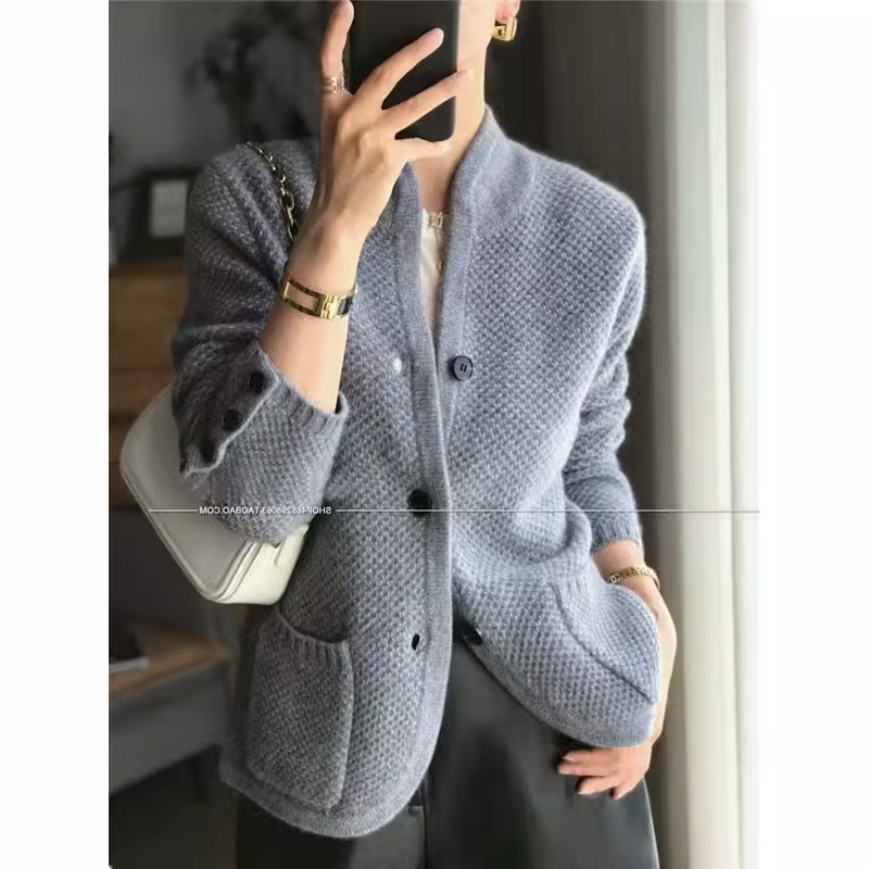 女秋冬立领加厚羊绒针织西装