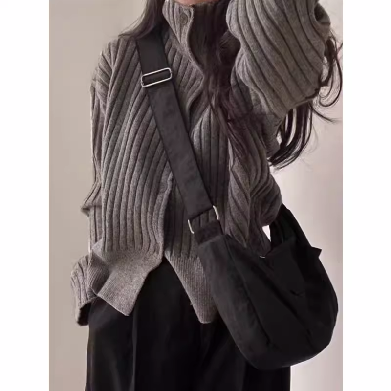 欧货秋冬加厚羊绒针织开衫女高领洋气短款小个子羊毛打底毛衣外套