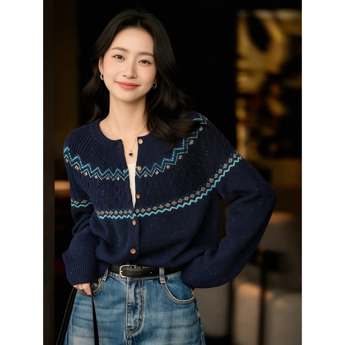 费尔岛提花羊毛针织开衫女秋冬波点圆领扣子毛衣通勤风显瘦上衣