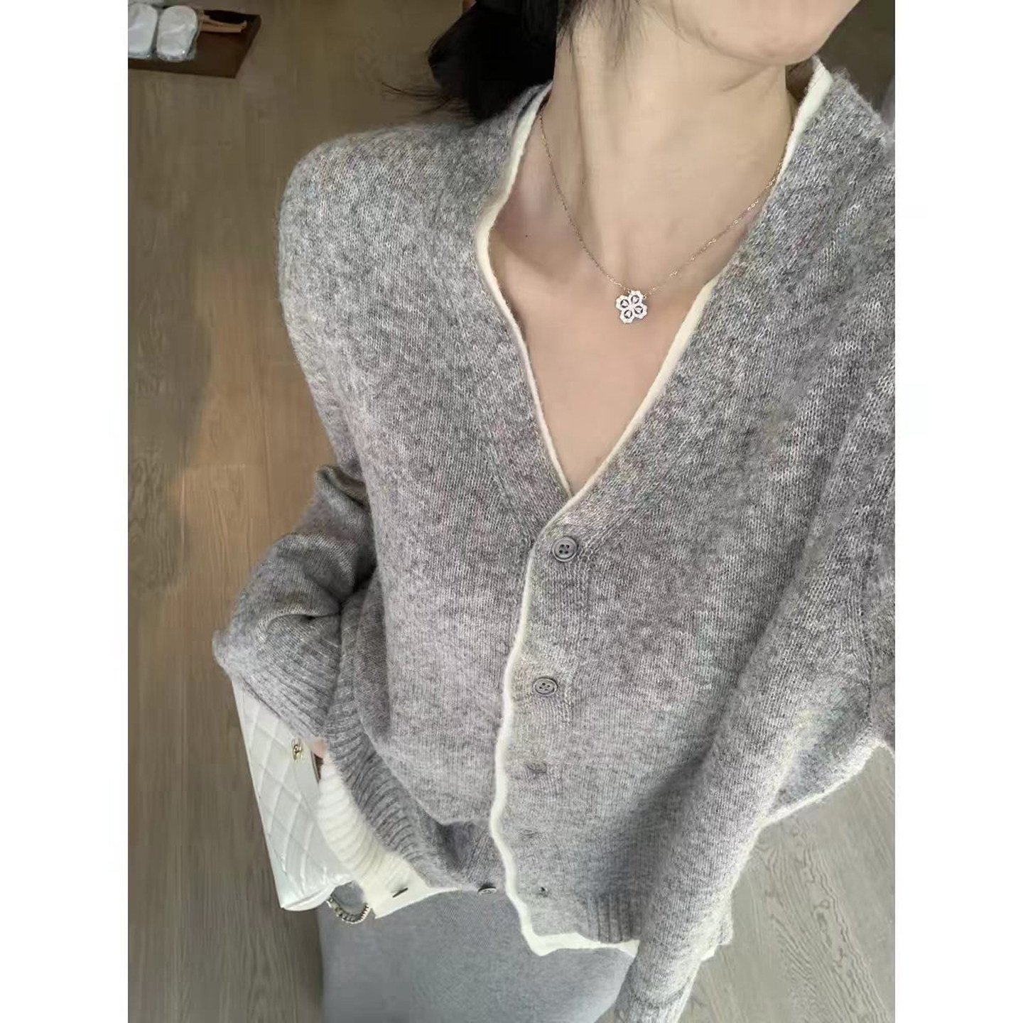 秋冬女100%羊毛假两件保暖开衫
