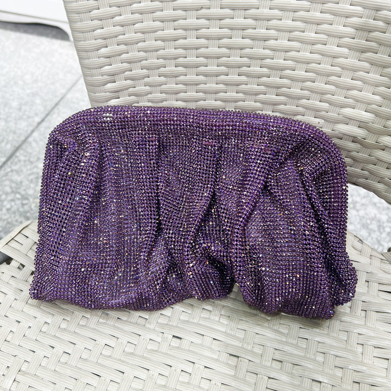 闪亮水钻晚宴贝壳夹子手拿包2024新款欧美时尚链条褶皱单肩斜挎包