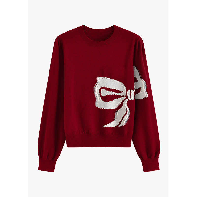 新年战袍圣诞红色针织衫女2025秋冬新款高级感提花蝴蝶结羊毛上衣,女装/女士精品,毛针织衫,淘宝优惠券,粉丝福利购,淘宝优惠卷