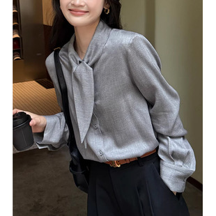 高级感飘带领长袖 小个子衬衣 女2026早春新款 气质通勤灰色休闲衬衫