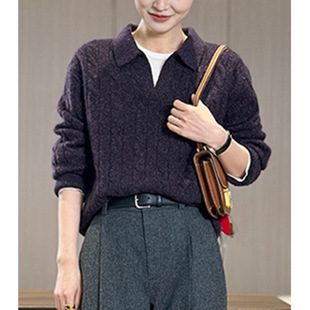 设计感麻花翻领长袖针织衫女2025年秋季新款懒惰风高级山羊绒上衣