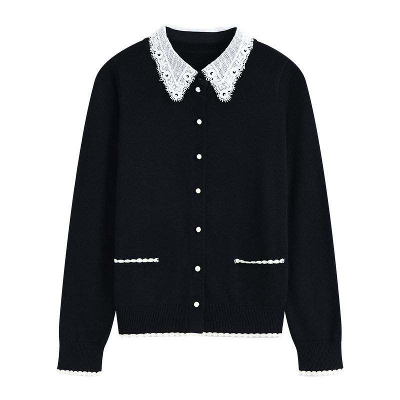 蕾丝翻领长袖毛呢黑色针织开衫女2025秋冬新款洋气时尚小个子上衣