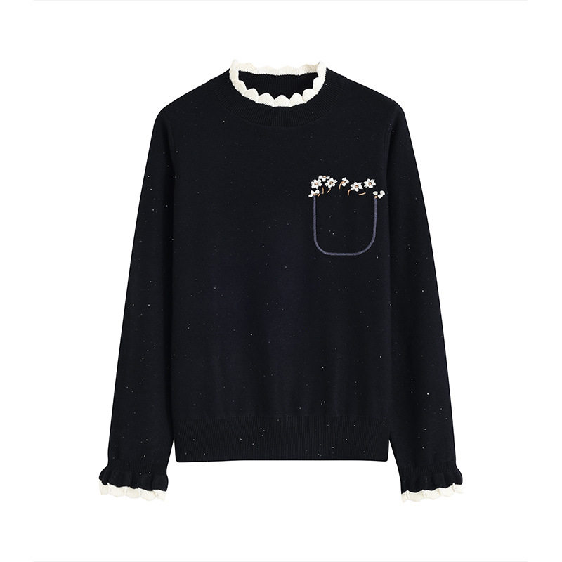 立领长袖拼色针织衫女2026年早春新款设计感小众花卉刺绣时尚上衣,女装/女士精品,毛针织衫,淘宝优惠券,粉丝福利购,淘宝优惠卷