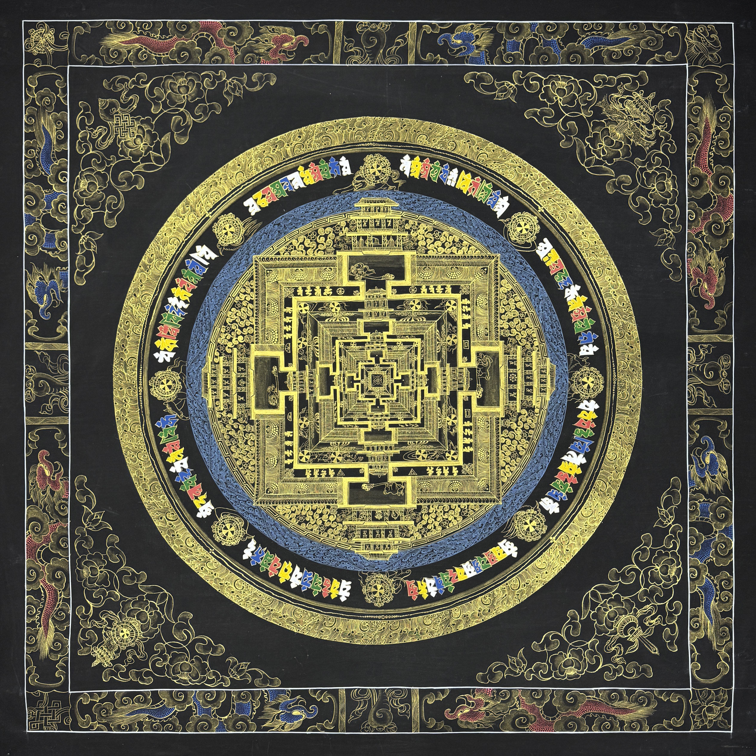 爆款唐卡纯手工画布一米黑金时轮金刚坛城尼泊尔西藏玄关装饰挂画