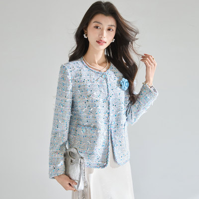 今年流行特惠26春季 香颂巴黎 蓝色重工亮片特种纱千金风气质小