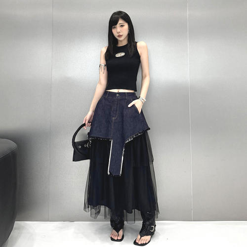 今年流行特惠欧洲站小众设计感牛仔拼接网纱半身裙女夏不规则显瘦