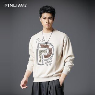 PINLI品立秋冬新款潮牌字母印花圆领卫衣男宽松套头休闲上衣