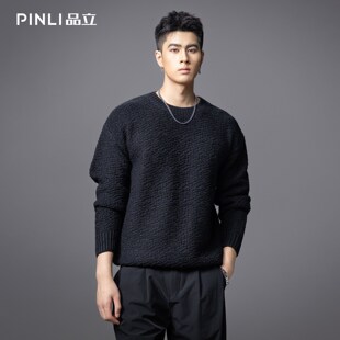 PINLI品立秋季新款粗针重磅宽松圆领针织衫男百搭休闲毛衣潮