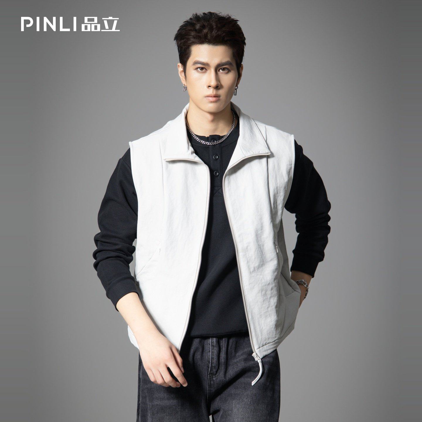 PINLI品立2025秋季新款潮牌工装立领马甲男宽松休闲百搭背心外套,男装,常规马甲,淘宝优惠券,粉丝福利购,淘宝优惠卷