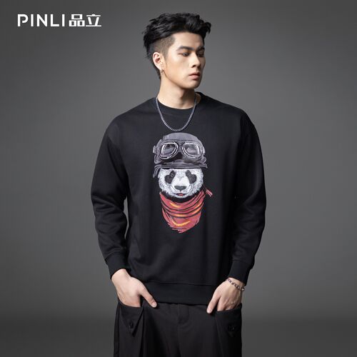 PINLI品立秋季新款印花熊猫套头卫衣男士潮牌落肩袖圆领上衣