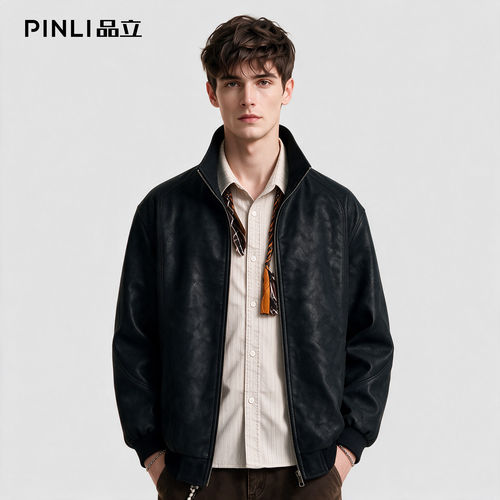 PINLI品立新款男士立领PU皮茄克机车痞帅皮衣休闲夹克春秋外套潮