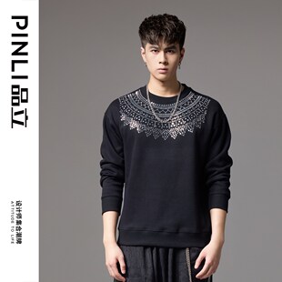 PINLI品立秋季新款男士圆领宽松金属烫片套头卫衣BG243109035