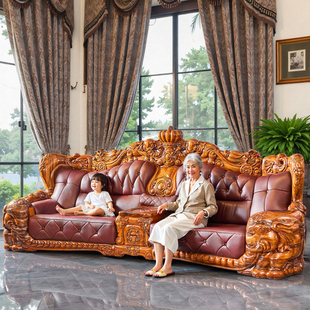 欧式乌金木实木雕花沙发别墅自建房大户型带储物客厅真皮沙发组合