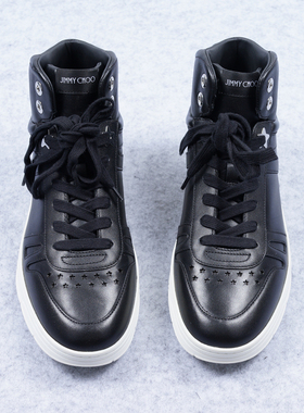 一线打孔星星黑色高帮舒适时尚全皮运动休闲鞋 高帮板鞋