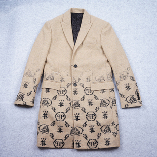 亏清 修身 图案羊毛混纺薄棉毛呢大衣 公价2.2万 意大利原产PP时尚